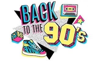 Colorful 90s-style graphic with bold retro lettering saying 'Back to the 90s', surrounded by nostalgic icons like a cassette tape, high-top sneaker, and pixel shapes – evoking the era of classic Legend of Zelda SNES and Game Boy games
